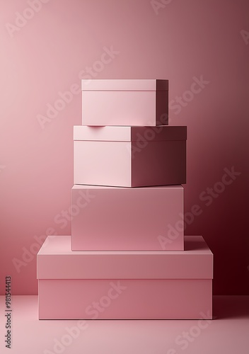 Stack of pink gift boxes arranged neatly in soft lighting photo