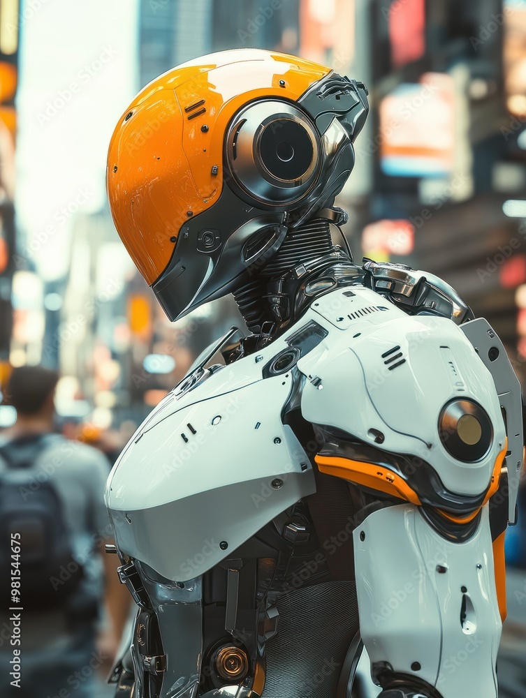Futuristic Robot with Orange Helmet in Busy Urban Setting Futuristic Robot with Orange Helmet in Busy Urban Setting
