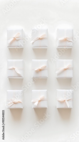 Nine white gift boxes with pink ribbons arranged in grid pattern photo