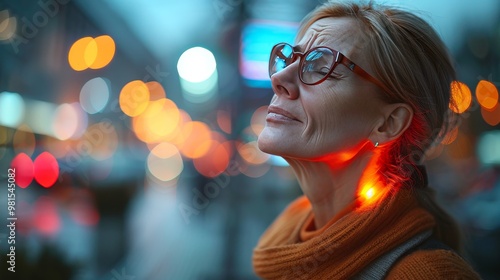 Close-up portrait of a woman who feels pain in her neck, which is reflected on her face. Concept of spine problems, self-care, health