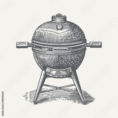 Ceramic Kamado Grill. Vintage woodcut engraving style vector illustration.