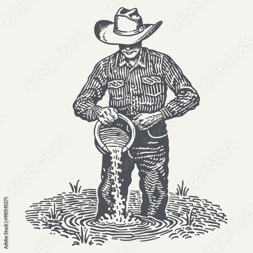 Cowboy Searching for Gold. Vintage woodcut engraving style vector illustration.