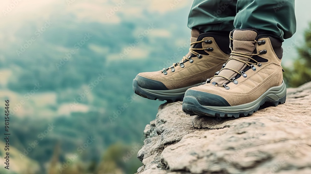 Detailed view of hiking shoes on a narrow ridge, balancing over a drop, hiking trail gear, focus and stability Detailed view of hiking shoes on a narrow ridge, balancing over a drop, hiking trail gear, focus and stability