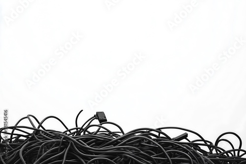 Pile of tangled black cables against a white background, abstract photo