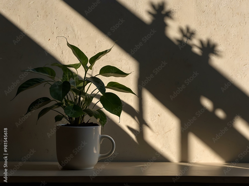 Serene morning with a fresh coffee cup and plant shadows. Serene morning with a fresh coffee cup and plant shadows.