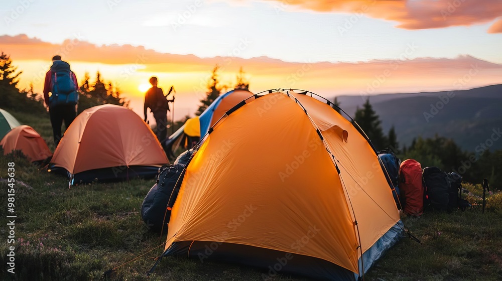 Diverse group of hikers setting up tents at sunset, wide range of gear, hiking trail gear, community and collaboration Diverse group of hikers setting up tents at sunset, wide range of gear, hiking trail gear, community and collaboration