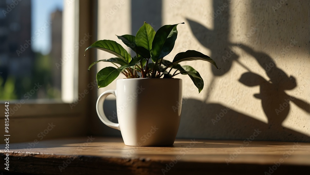Serene morning with a fresh coffee cup and plant shadows. Serene morning with a fresh coffee cup and plant shadows.