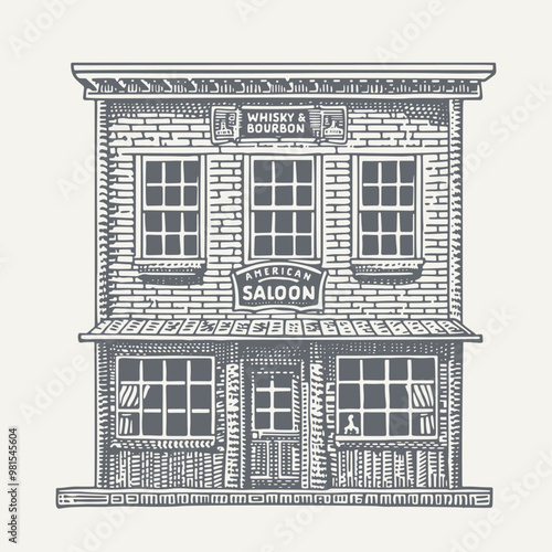 Western Saloon. Vintage woodcut engraving style vector illustration.