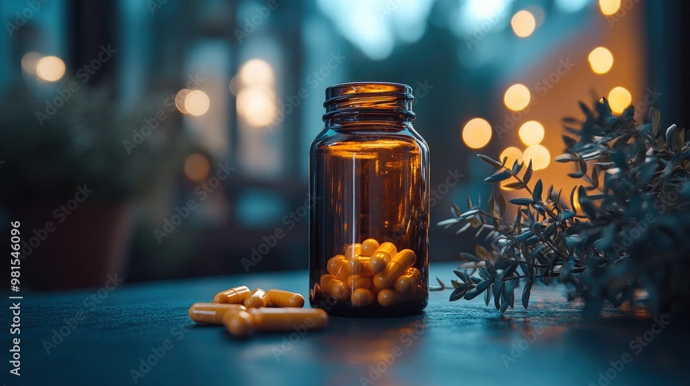 A glass bottle of yellow capsules on a wooden table with a leafy plant in the background.