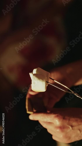 Hands Assembling S'mores With Marshmallow And Chocolate In Outdoor Setting
