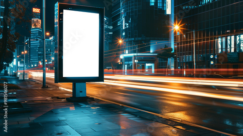 Generative AI. Blank city format Billboard (LightPoster, CityLight) banner pylon in in the city center mock-up at night. Blurred background