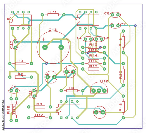 Vector printed circuit board of electronic 
device with components of radio elements, 
conductors and contact pads placed on pcb. 
Engineering drawing. Electric background.
Computer technic cad design
