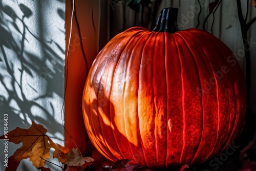 Bright Orange Pumpkin Glowing Softly Among Autumn Leaves and Shadows in a Cozy Indoor Setting