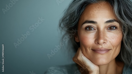 An elegant mature woman exudes confidence and wisdom through her poised expression and subtle smile, captured in a beautifully lit portrait setting. photo