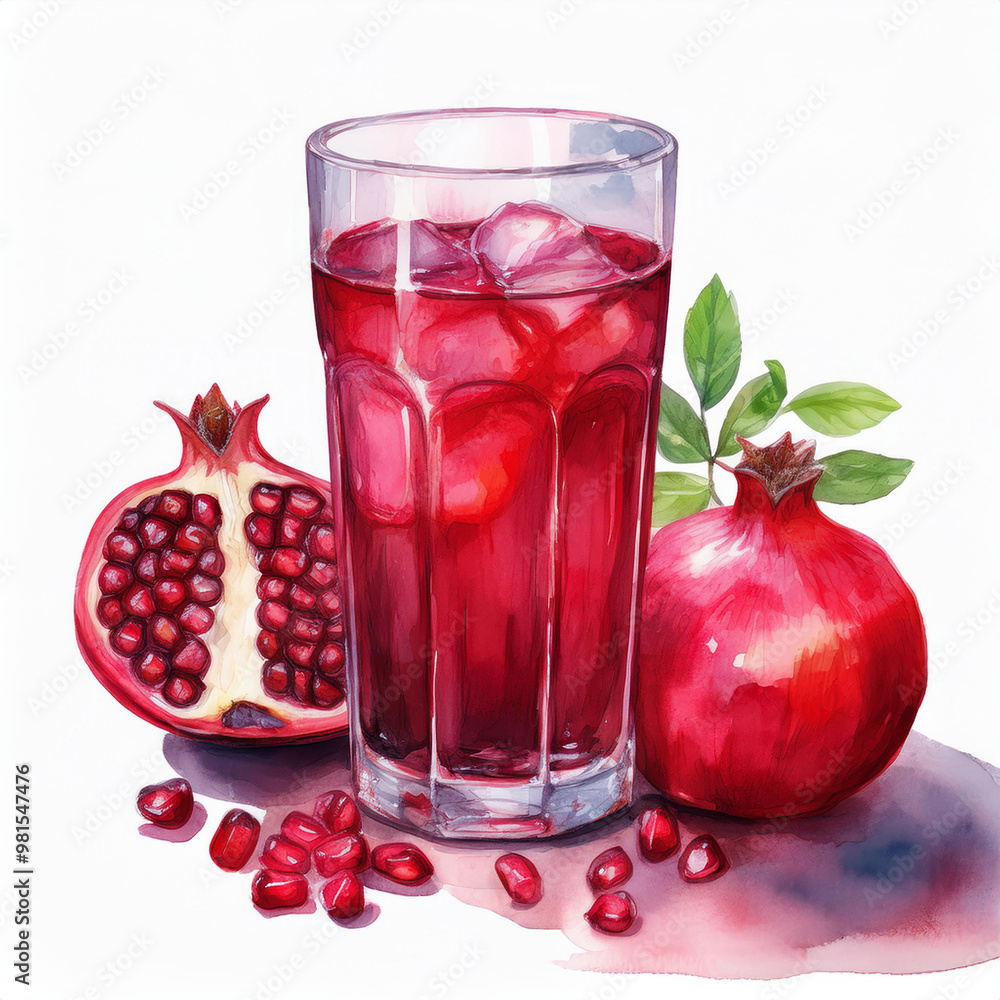 Watercolor painting of fresh pomegranate juice glass on white. Tasty fruit and healthy drink. Watercolor painting of fresh pomegranate juice glass on white. Tasty fruit and healthy drink.