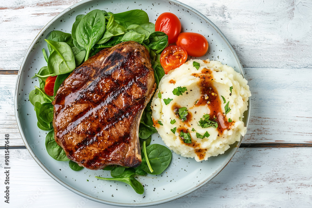 Grilled pork steak marinated in spicy sauce with mashed potato and fresh spinach on plate on white wooden table, horizontal view from above, flat lay Grilled pork steak marinated in spicy sauce with mashed potato and fresh spinach on plate on white wooden table, horizontal view from above, flat lay