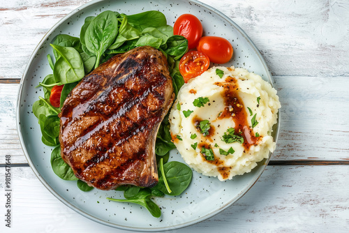 Grilled pork steak marinated in spicy sauce with mashed potato and fresh spinach on plate on white wooden table, horizontal view from above, flat lay