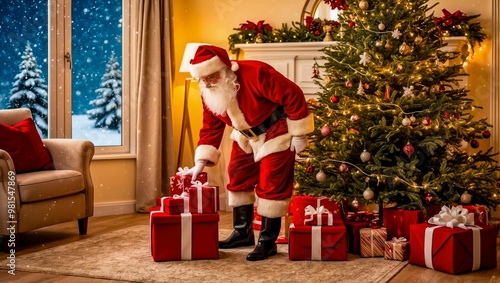 Santa Claus Placing Gifts by a Christmas Tree in a Cozy Living Room During Winter Evenings