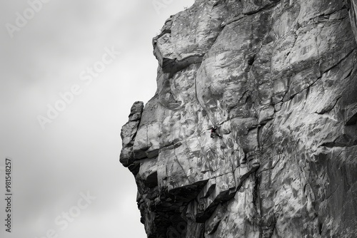 A towering black and white rock face, imposing and rugged, dominating the landscape, The rock face looms large, a formidable obstacle for the climber to conquer with strength and strategy