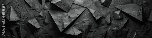 Black grunge background with dark gray triangles, 3D render, banner design