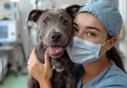 Veterinary worker in scrubs kisses a pitbull puppy in ananimal hospital room under bright lighting photo