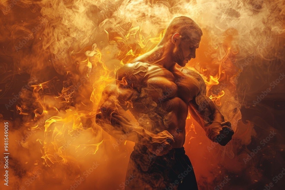 A man standing firmly in front of a blazing fire, The satisfying burn of muscles working to their limit A man standing firmly in front of a blazing fire, The satisfying burn of muscles working to their limit