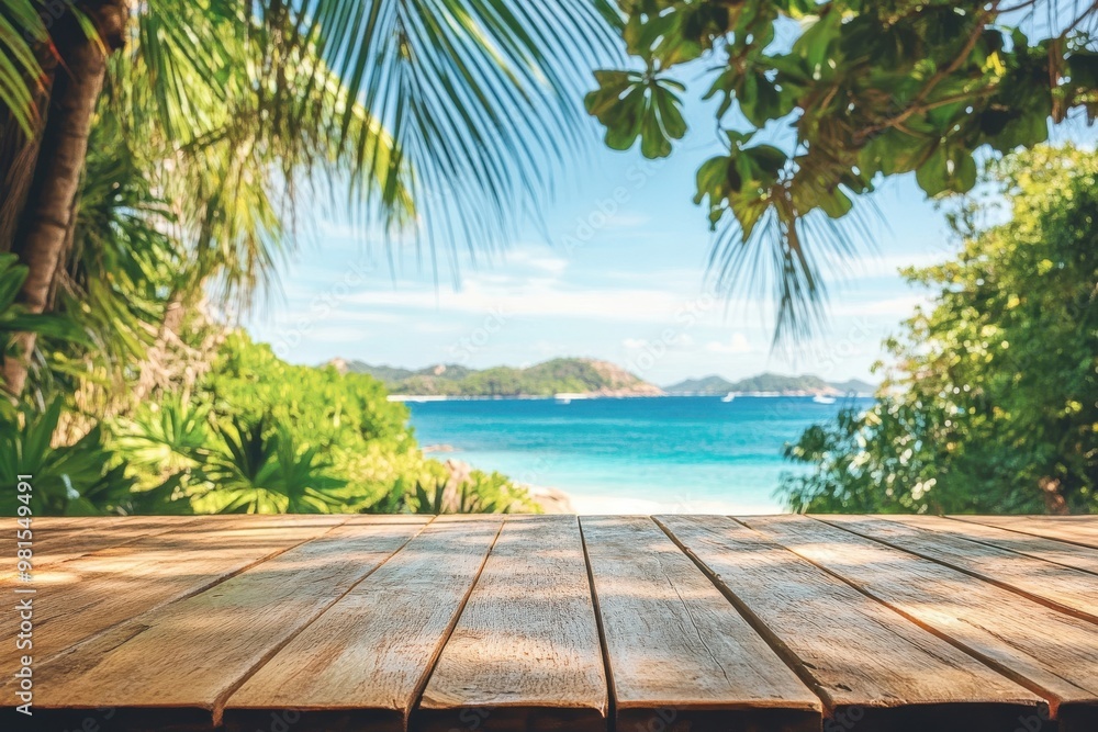 Fototapeta premium Scenic coastal landscape featuring a timber table at the front