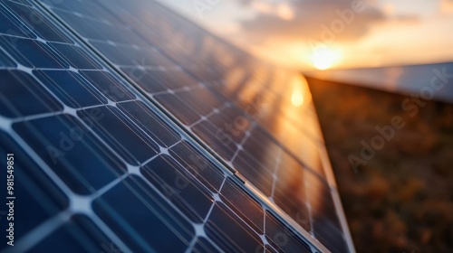 Image of numerous solar panels aligned in a sunlit field, capturing renewable energy from the morning sun. An example of sustainable technology in harmony with nature. photo