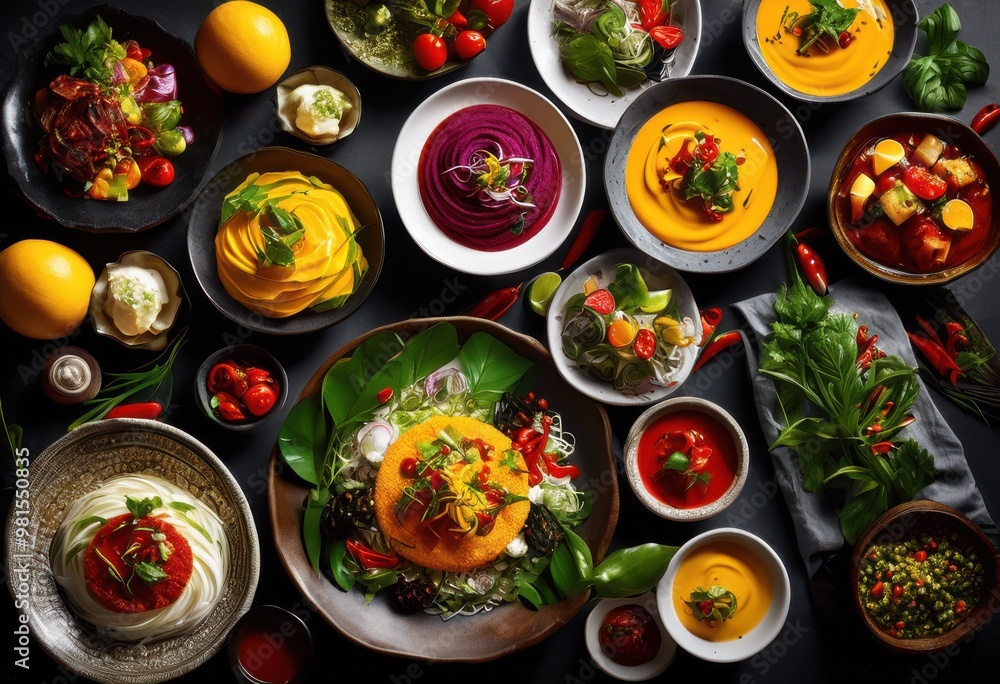 vibrant colorful food visuals showcasing diverse array global cuisines fresh ingredients eye catching presentations, appetizer, entree, dessert, dish, meal vibrant colorful food visuals showcasing diverse array global cuisines fresh ingredients eye catching presentations, appetizer, entree, dessert, dish, meal