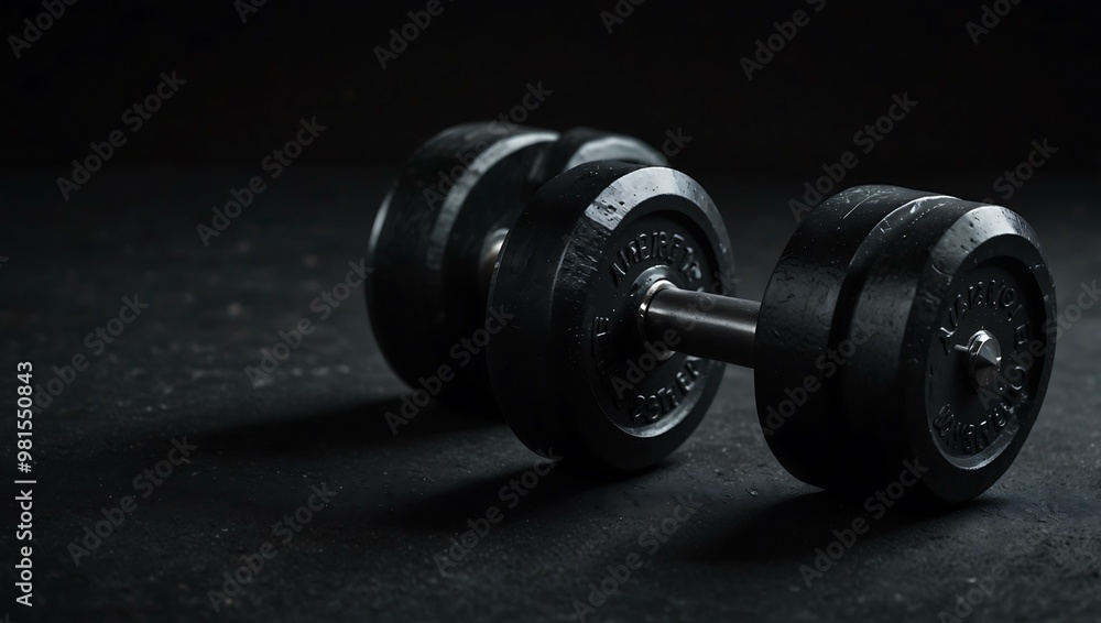 Single black dumbbell on a dark surface. Single black dumbbell on a dark surface.