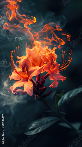 A close up of a blazing flower with a blue background.