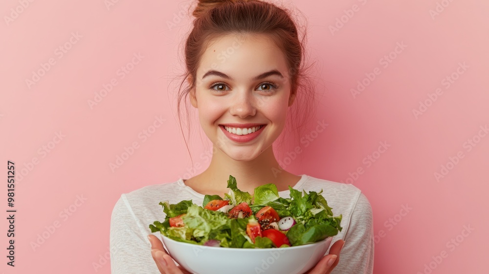 Woman Embracing Healthy Eating with Salad Bowl Woman Embracing Healthy Eating with Salad Bowl