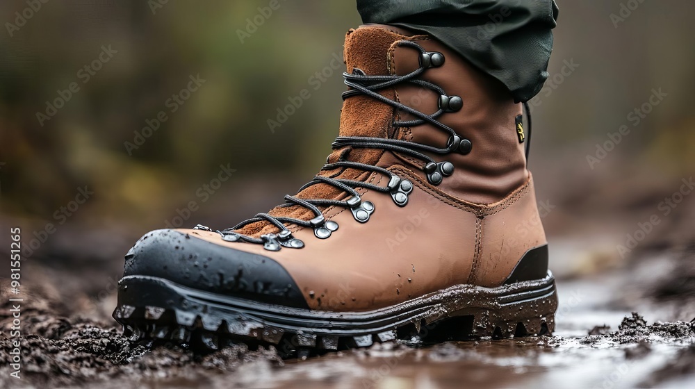 Shot of a durable hiking boot, wet and muddy, but holding strong, hiking trail gear, built for tough conditions Shot of a durable hiking boot, wet and muddy, but holding strong, hiking trail gear, built for tough conditions
