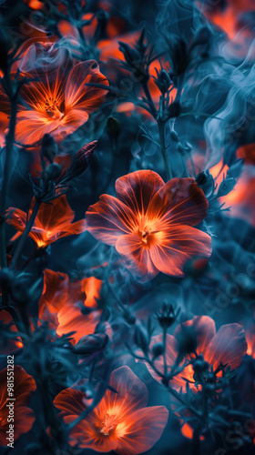 A close up of a blazing flower with a blue background.