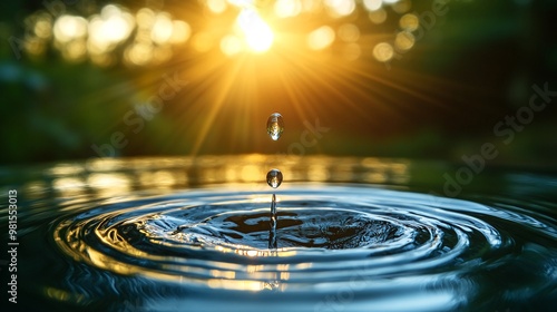 Wallpaper Mural A single drop of water falls into still water creating concentric ripples, with the sun shining in the background. Torontodigital.ca