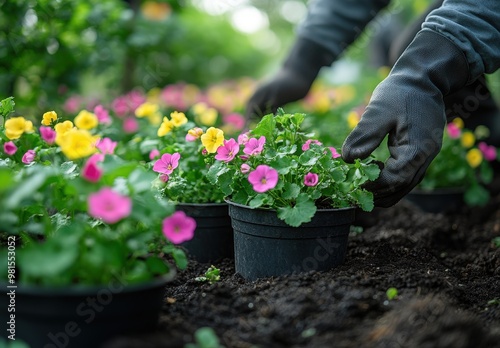 A gardener plants colorful spring flowers in pots while preparing a vibrant garden for the upcoming blooming season