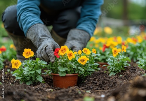 A gardener plants vibrant spring flowers in their backyard, surrounded by pots and tools on a sunny day