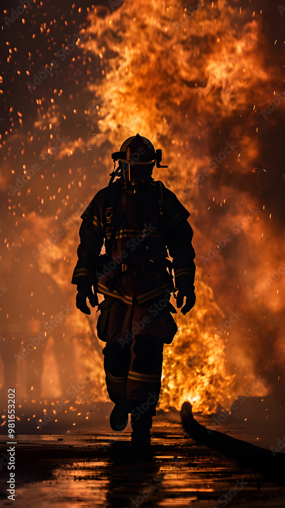 Bravery in the Flames: The Heroic Stance of a Firefighter Against a Nighttime Inferno Bravery in the Flames: The Heroic Stance of a Firefighter Against a Nighttime Inferno