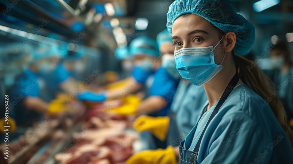 Workers in a clean, high-tech meat processing facility are focused on production wearing protective gear and masks. Workers in a clean, high-tech meat processing facility are focused on production wearing protective gear and masks.