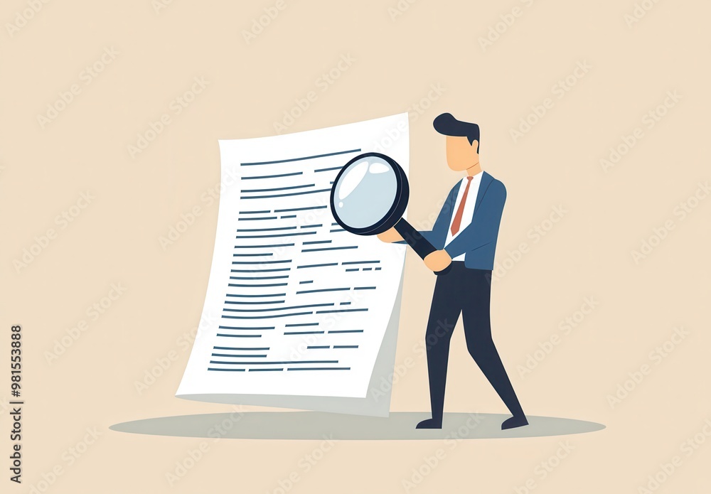 A businessman examines a large document with a magnifying glass, highlighting attention to detail and analysis in a professional context. A businessman examines a large document with a magnifying glass, highlighting attention to detail and analysis in a professional context.