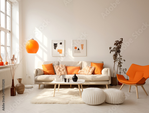 Scandinavian scandi modern minimalist cozy living room interior with fall and halloween decor