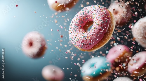 Various donuts with pink, blue, and white frostings and colorful sprinkles are creatively depicted in mid-air, presenting a delightful and whimsical visual treat for food lovers. photo