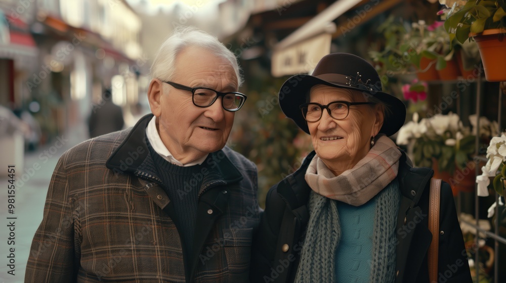 A couple of older people are walking down a street, one of them wearing a hat