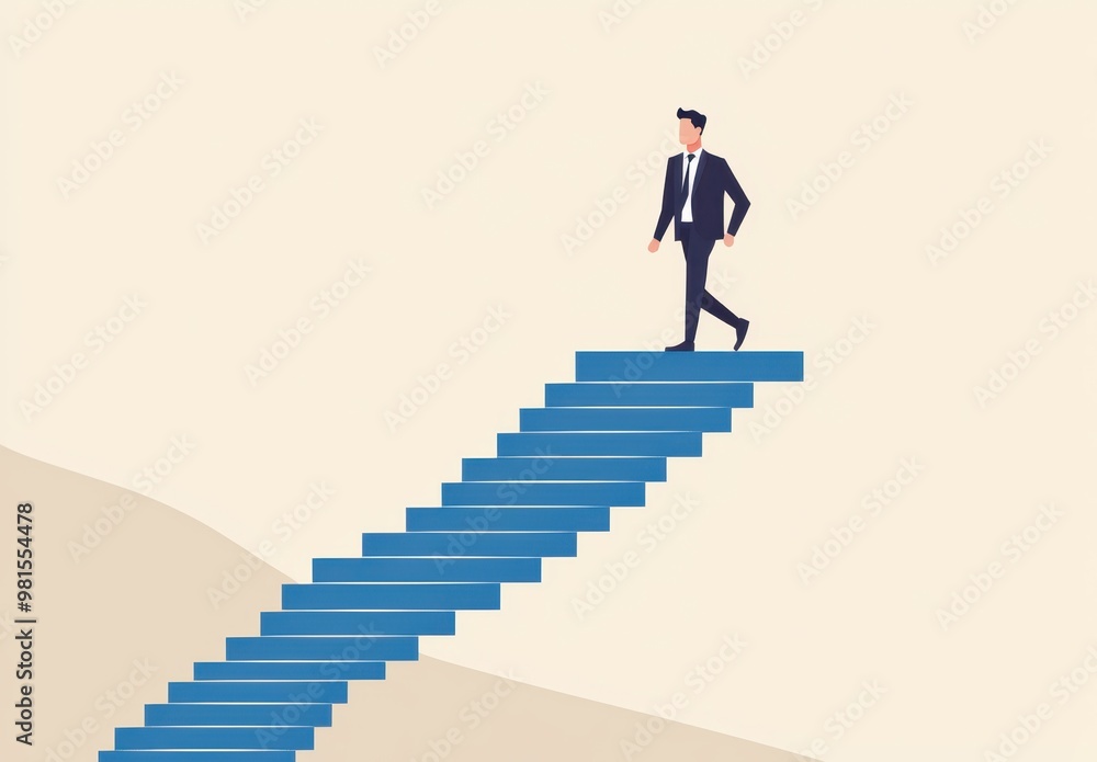 A businessman confidently ascends stylized blue stairs, symbolizing progress and ambition against a minimalist background.