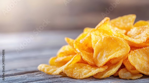 A close-up shot of a pile of golden, crispy potato chips arranged on a rustic wooden table, highlighting the texture and appeal of this popular snack. photo