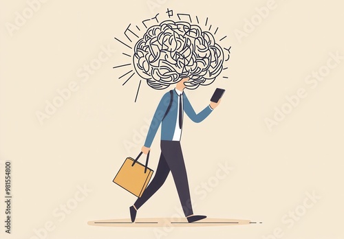 A person walks while distracted by a smartphone, symbolizing a cluttered mind represented by a chaotic brain illustration above.