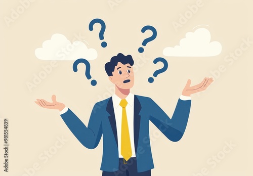 A confused businessman surrounded by question marks and clouds, expressing uncertainty and seeking answers.