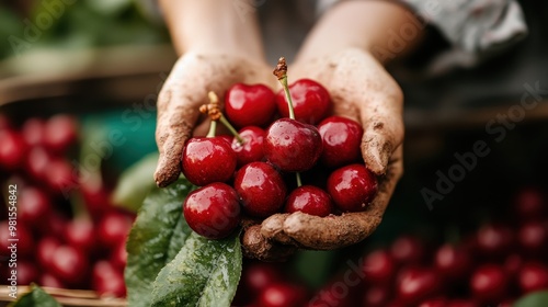 A pair of dirt-covered hands hold a bunch of cherries, capturing the raw connection to nature and the robust activity of harvesting cherries amid a lush, green environment. photo