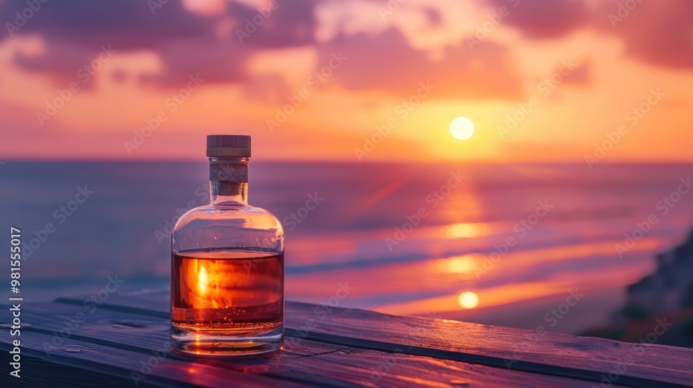 A bottle of amber liquid sits on a wooden table against a stunning sunset over the ocean. A bottle of amber liquid sits on a wooden table against a stunning sunset over the ocean.