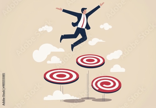 A businessman leaps across floating targets, symbolizing ambition and goal achievement in a whimsical, cloud-filled landscape.